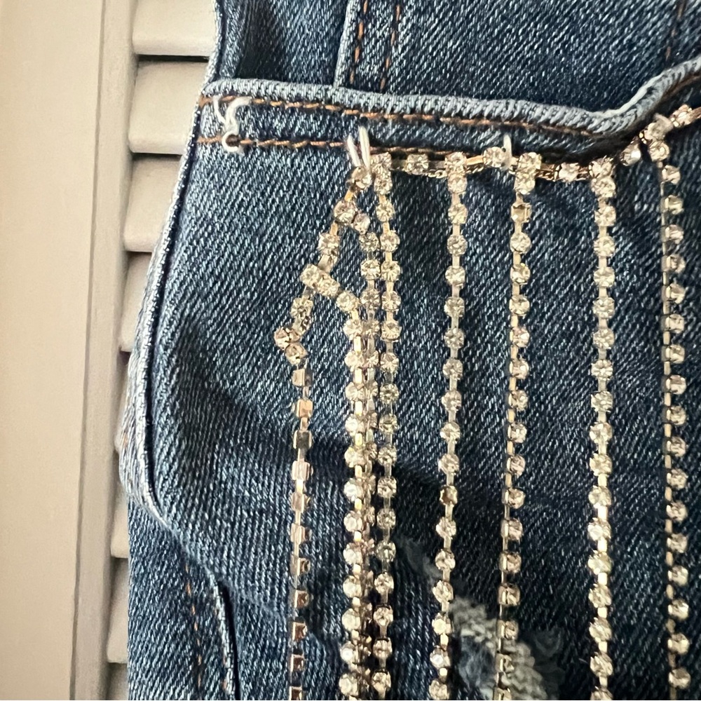 Kedera Rhinestone Fringe Denim Shorts Distressed High Waisted Jean Shorts - Picture 7 of 11